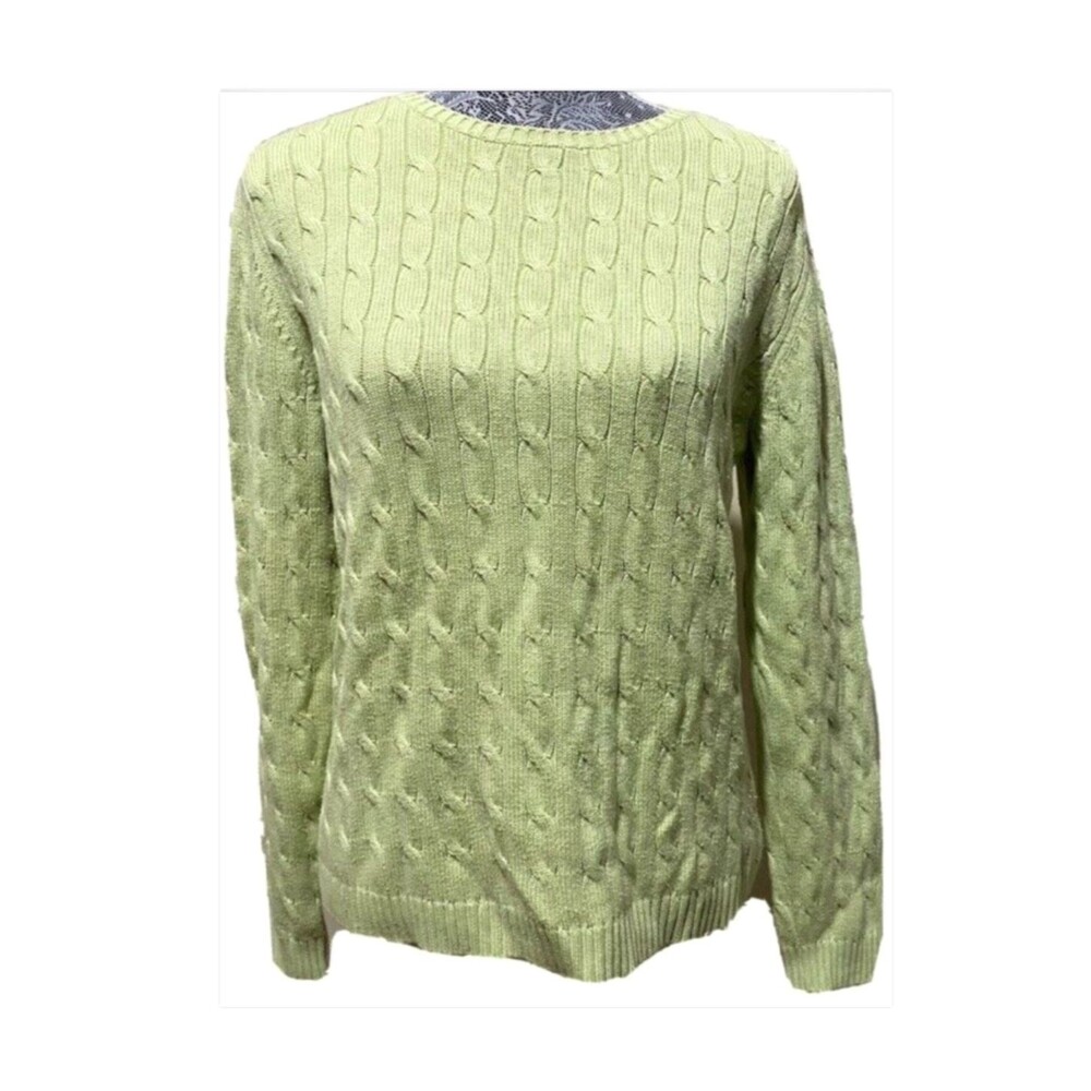 Kate Hill Womens L Sage Green Cable Knit Sweater Crewneck Pullover Long Sleeve